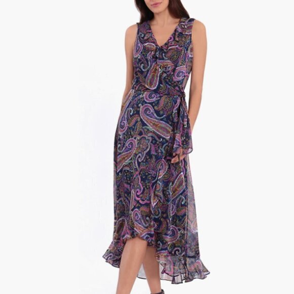 London Time Paisley ruffle maxi wrap dress Size 6 blue and Pink fit & Flare - Picture 1 of 11